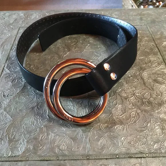 DKNY SILVER DOUBLE-RING BLACK LEATHER BELT DKNY Double-Ring Pull-Back Leather Belt Black Silver | eBay main image 3